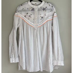 FREE PEOPLE Striped Floral Mesh Sheer Tunic Top Festival Boho Cottagecore M